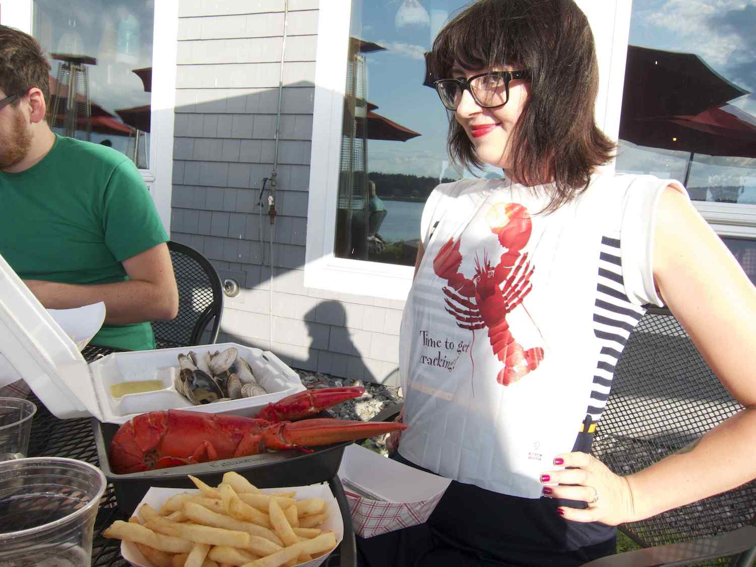 Meg getting ready to eat Lobster